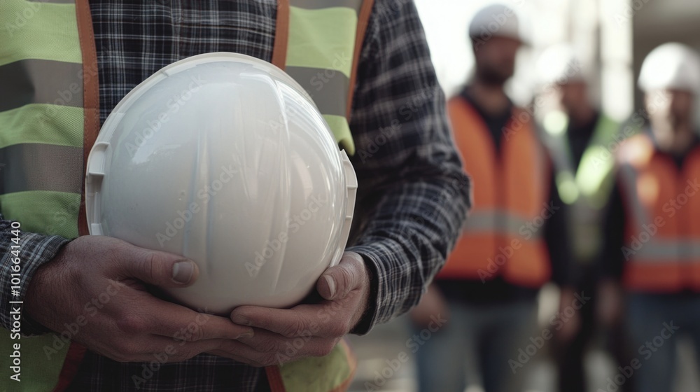 Poster a construction worker holds a hard hat, surrounded by fellow workers on a building site.