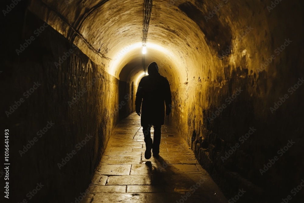 Poster A person is walking through a dimly lit tunnel with a light shining in the distance.