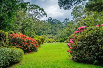 Obraz premium A beautiful outdoor space filled with blooming flowers and lush greenery, perfect for a peaceful stroll or romantic picnic.