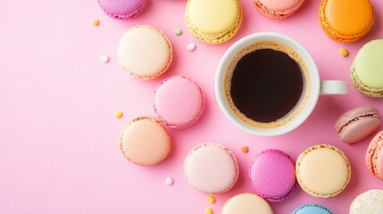 Fototapeta premium A colorful display of macarons with a cup of coffee.