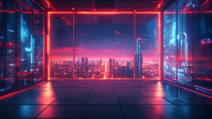 Futuristic cyberpunk inspired cityscape backdrop with neon grids digital elements and sleek skyscrapers