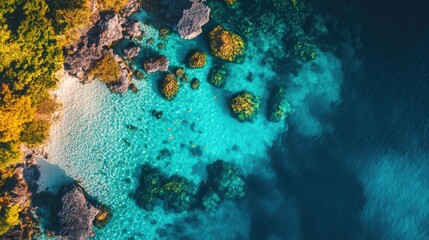 Obraz premium A stunning aerial view of a sea blue tropical reef, with intricate details of coral and fish swimming in the crystal-clear waters.