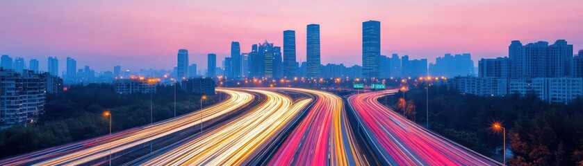Fototapeta premium Vibrant city skyline at dusk, featuring light trails on a busy highway, creating a dynamic urban atmosphere.