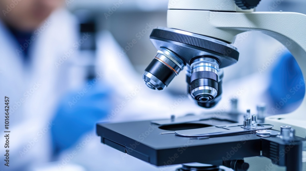 Poster Scientist examining sample under microscope, with lab equipment and person in the background.