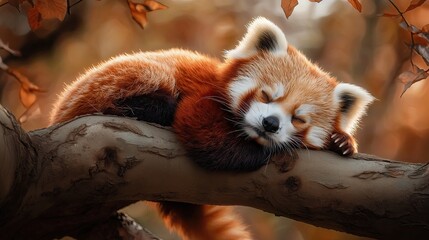 Fototapeta premium Cute red panda peacefully sleeping on a branch.