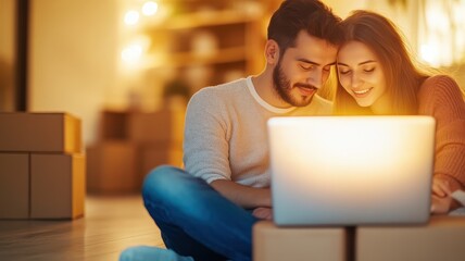 A couple enjoys a cozy evening together while using a laptop amid a warm, softly lit room filled with cardboard boxes.