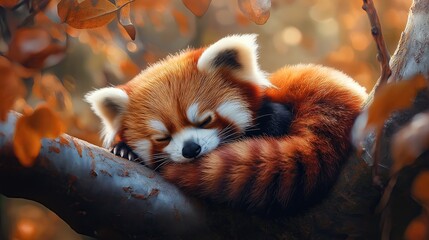 Obraz premium Sleeping red panda curled up in the forest.