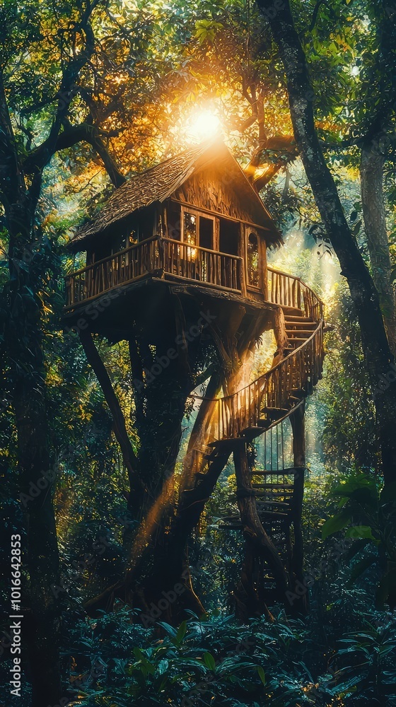 Poster a magical treehouse nestled among lush trees, illuminated by sunlight, creating a whimsical and ench