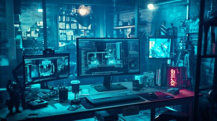 Naklejka premium Modern Digital Learning Workspace with Multiple Screens and Futuristic Technology in a Cozy Home Office