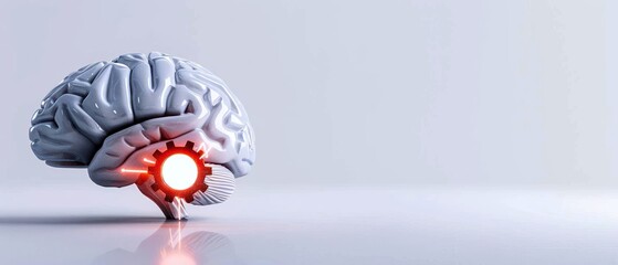 Human brain with a glowing gear, showcasing innovation and technology.
