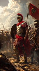 Obraz premium A majestic Roman soldier stands resolutely on the battlefield, embodying strength and honor amidst a charged atmosphere.