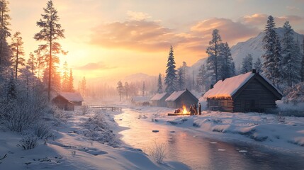 Peaceful Winter Evening in a 1900s Countryside Village by the River