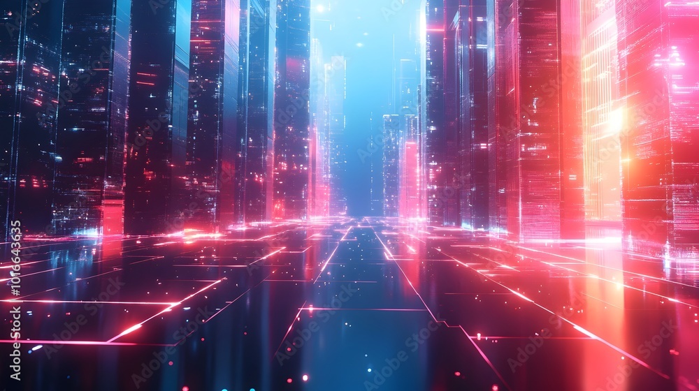 Poster cyberpunk inspired digital backdrop featuring a neon lit futuristic cityscape with glitches code and