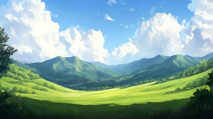 Fototapeta premium A serene landscape featuring rolling green hills, a clear blue sky, and fluffy white clouds, evoking tranquility and nature's beauty.
