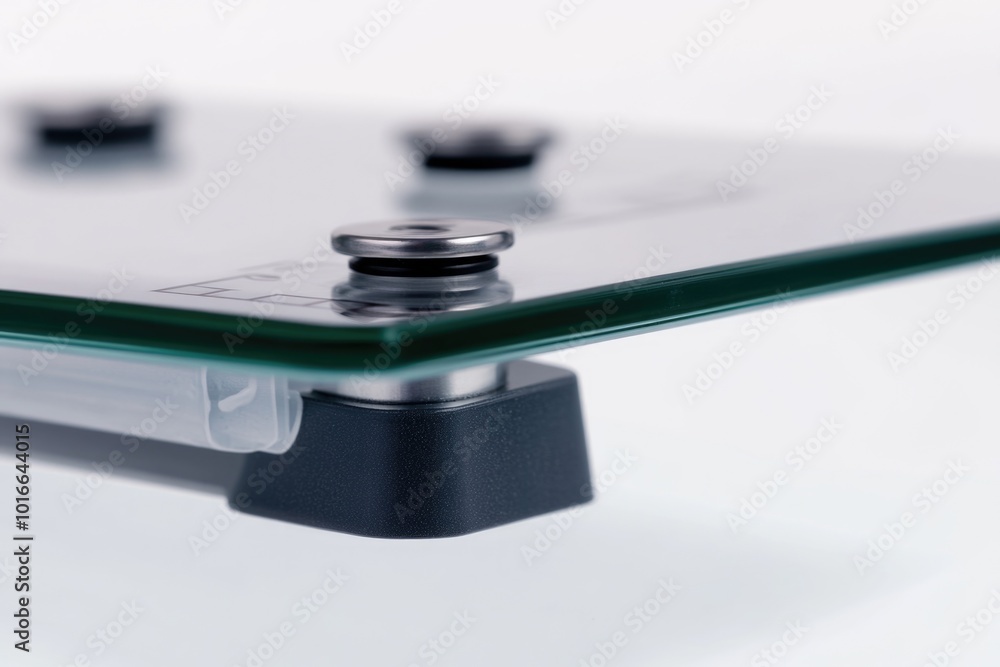 Poster A close-up shot of a glass shelf with a remote control placed on it, ideal for use in product photography or media illustrations.