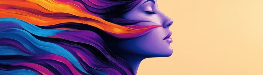 Naklejka premium A vibrant, colorful illustration depicting a serene profile of a woman with flowing hair. Perfect for themes of creativity and beauty.