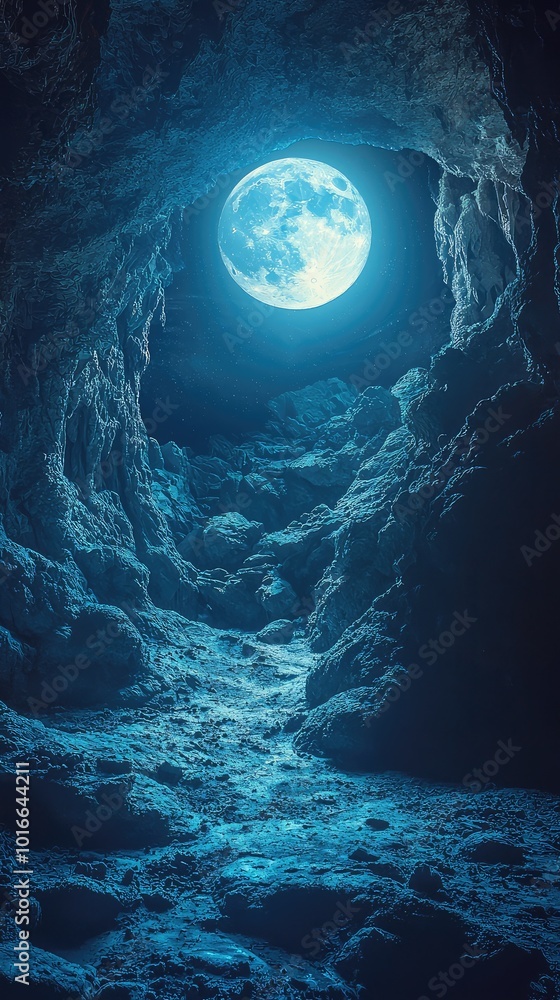 Poster a mesmerizing cave scene illuminated by a shining moon, creating an enchanting atmosphere of mystery