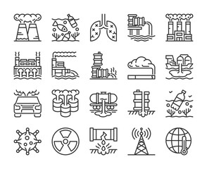 Pollution icons. Environmental pollution line icon set. Editable Stroke.