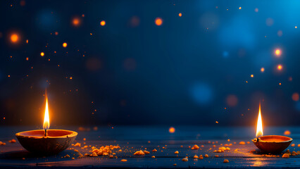 Two clay diyas with flames are placed on a wooden surface. The diyas are lit and surrounded by scattered pieces of diya wax on a dark blue background with blurred orange lights