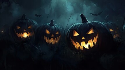 Spooky jack-o-lantern faces glowing in a pitch-black night, their sinister grins casting shadows.