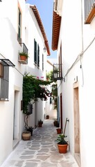 Fototapeta premium A narrow, cobblestone alleyway lined with whitewashed buildings and potted plants in a Mediterranean town