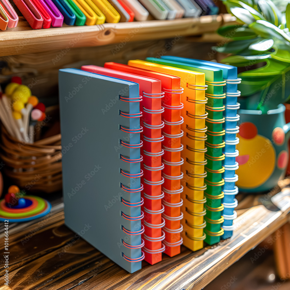 Poster a row of colorful spiral notebooks are displayed on a shelf