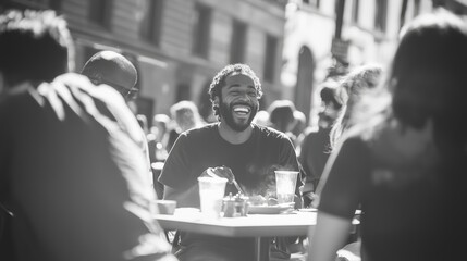 Urban Bliss - Friends Sharing a Meal at Street-side Table in Candid Moment, Laughter and City Sounds Captured in Ultra-Realistic Street Photography