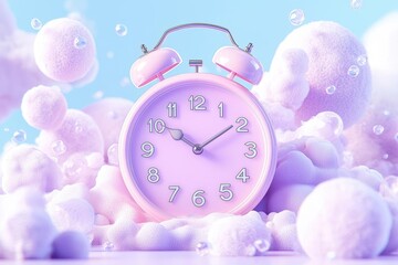 Pink alarm clock surrounded by fluffy clouds and bubbles, soft pastel ambiance.