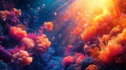 Fototapeta premium Colorful Underwater Coral Reef with Sunlight Effects