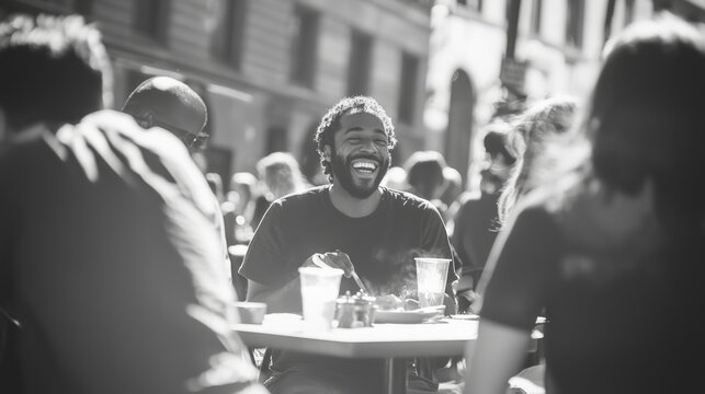 Urban Bliss - Friends Sharing a Meal at Street-side Table in Candid Moment, Laughter and City Sounds Captured in Ultra-Realistic Street Photography