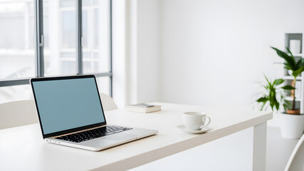 Fototapeta premium Close up of modern workplace with blank screen laptop, coffee cup and other items. Mock up