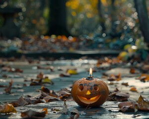 On a wooden table in an autumn park, a smiling Halloween pumpkin with a glowing lantern shines brightly. This landscape creates a unique and warm atmosphere, inviting celebration and joy.