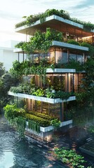 Naklejka premium A modern eco-friendly building surrounded by lush greenery, showcasing sustainable architecture by the water.
