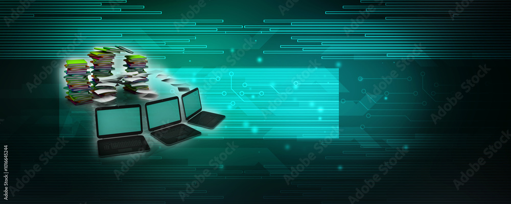 Poster 3d rendering technology computer network with book