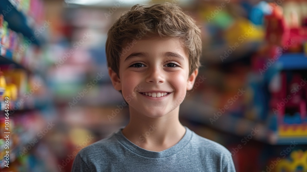Poster a happy child browsing through shelves in a store.