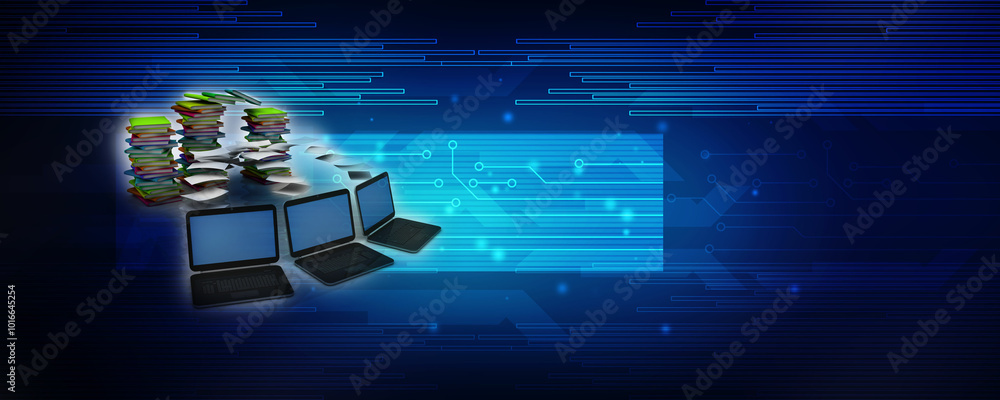 Poster 3d rendering technology computer network with book
