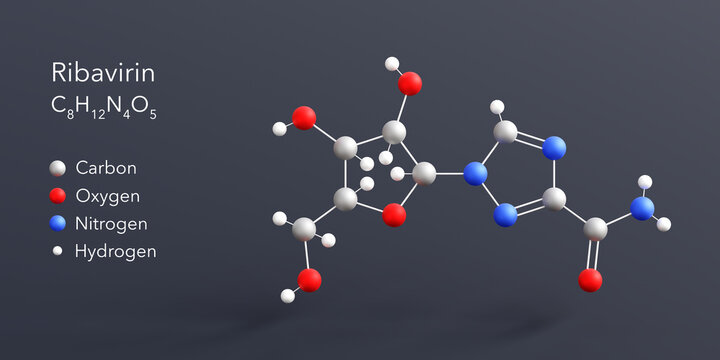 ribavirin molecule 3d rendering, flat molecular structure with chemical formula and atoms color coding