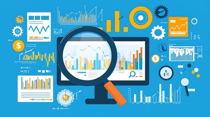 Data Analysis Charts Graphs Statistics Business Growth Magnifying Glass Computer Scr