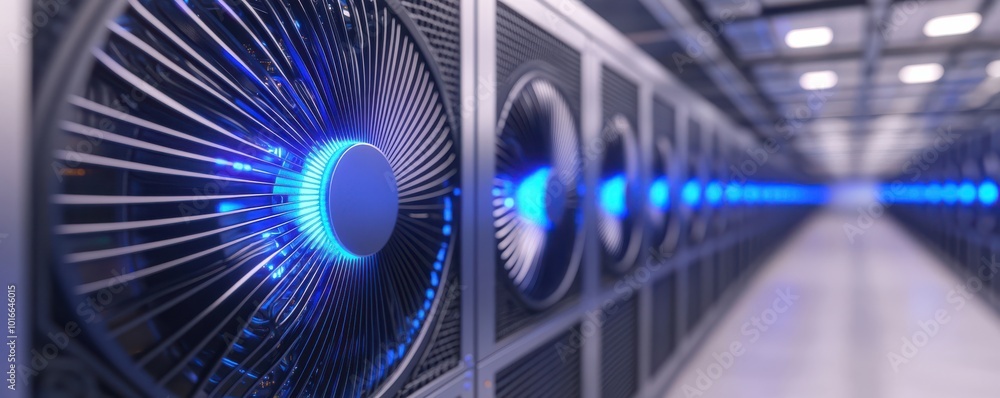 Poster modern server room with high-tech cooling fans and blue lights, providing efficient airflow for opti