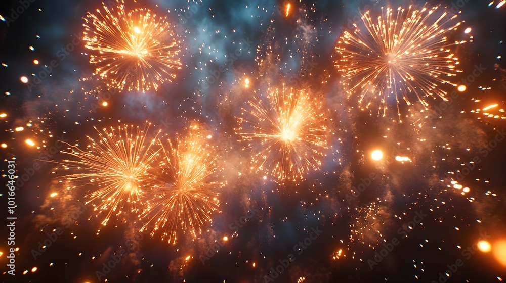 Poster glittery shimmering fireworks bursting and sparkling in the night sky creating a dazzling light disp