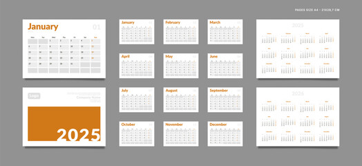 Set of 2025 Pages Monthly Calendar Planner Templates, Cover with Place for Photo, Company Logo, Annual. Design of Vector layout Calendar Pages size A4-21x29.7 cm in for print. Week start on Monday