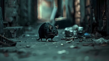 Rat Scurrying Through Trash Filled Dark Urban Alley At Night Pest Concept