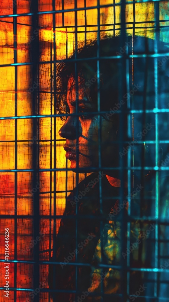 Poster a moody portrait of a contemplative figure behind a colorful grid, capturing emotion and depth in a 