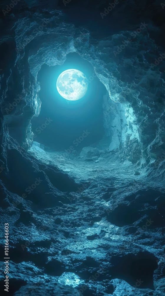 Poster a mystical cave illuminated by a glowing moon, casting ethereal light on the rocky terrain, creating