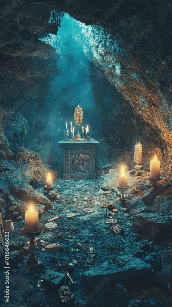 Poster a mystical cave illuminated by candles, featuring an altar surrounded by soft blue light and ancient
