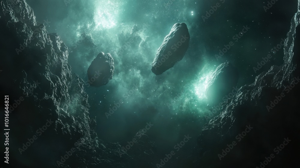 Poster a sci-fi scene of glowing asteroids and cosmic dust drifting through space, creating an ethereal ast