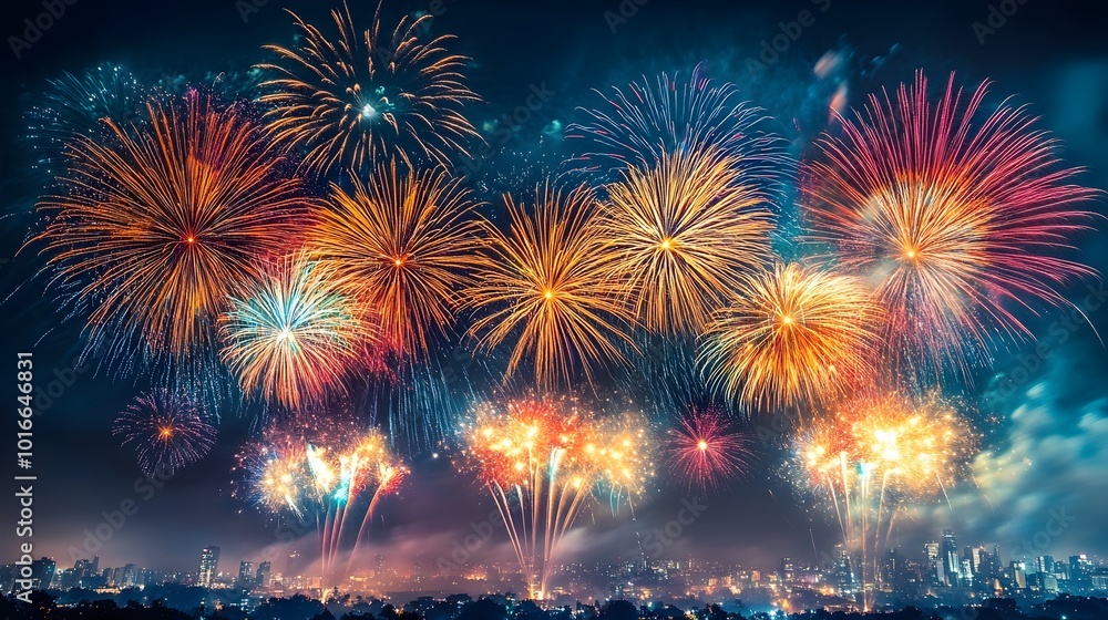 Poster captivating fireworks display with a dazzling array of bright colorful and sparkling lights filling 