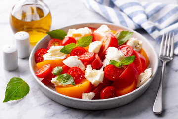 Tomato salad with cheese and fresh basil. White marble background. Close up.