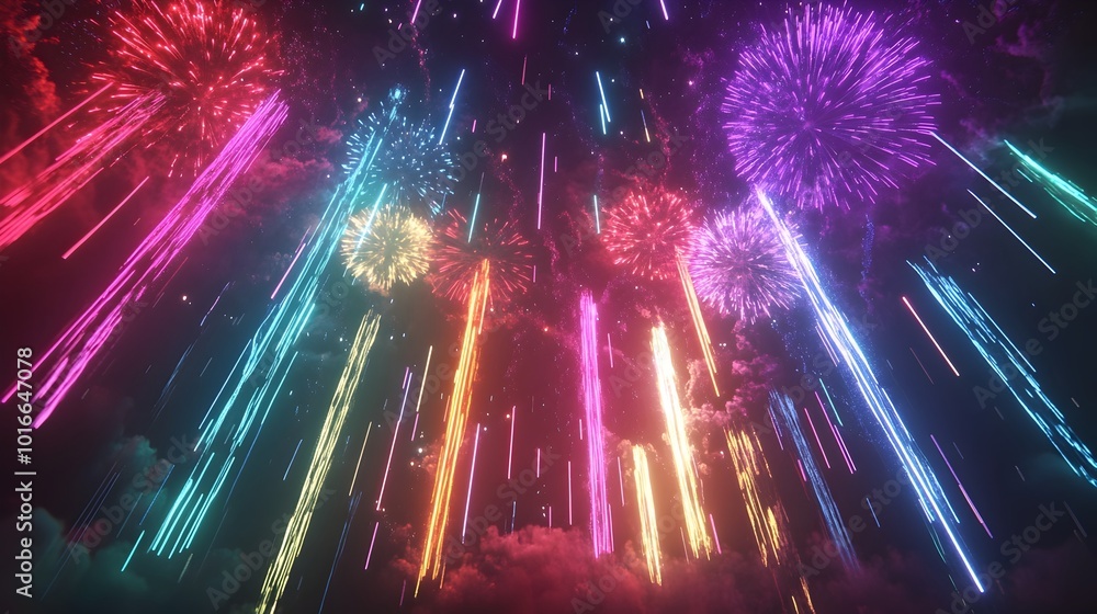 Poster vibrant neon themed new year 2025 fireworks display with futuristic designs and glowing colors featu