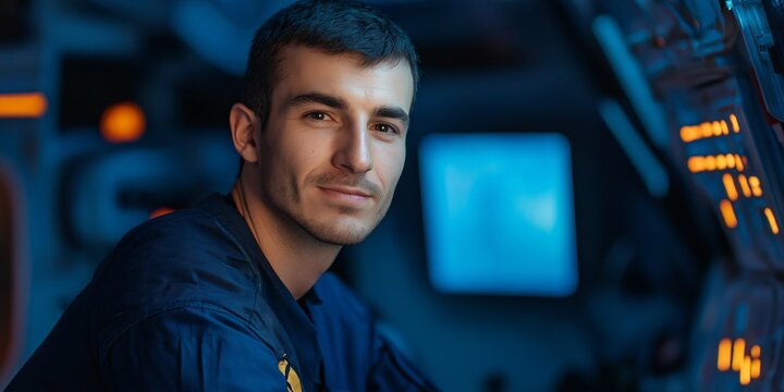 Space Operations Engineer in shuttle cockpit, focused and prepared for mission
